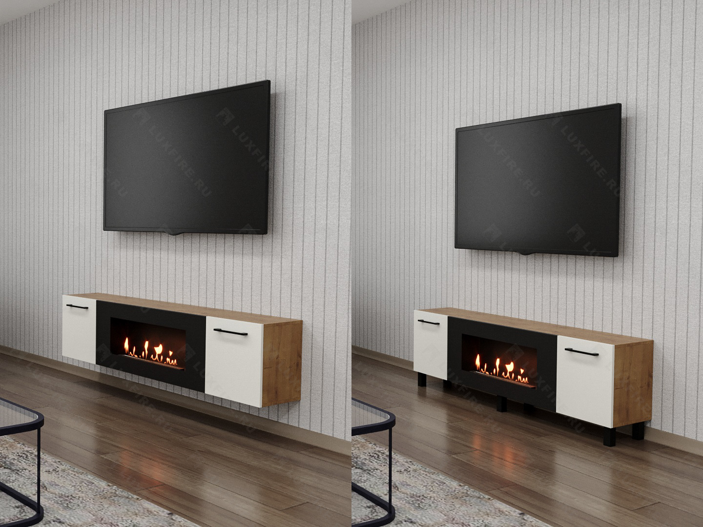 Тумба универсальная Lux Fire "Байкал Р" с ножками 1600, дуб вотан/белый матовый с биокамином 900 Тумба универсальная Lux Fire "Байкал Р" с ножками 1600, дуб вотан/белый матовый с биокамином 900